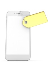 White smart phone with golden price tag on white background. Identification, price, label. Luxury and expensive offer. 3D rendering.