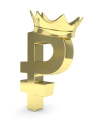 Isolated golden ruble sign with golden crown on white background. Concept of making profit, income. Currency sign. Russian money. 3D rendering.