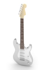 Obraz premium Isolated silver electric guitar on white background. Musical instrument for rock, blues, metal songs. 3D rendering.