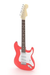 Naklejka premium Isolated red electric guitar on white background. Musical instrument for rock, blues, metal songs. 3D rendering.