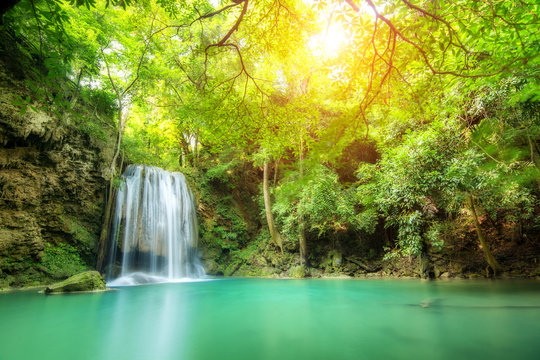 Erawan Waterfall, beautiful waterfall in spring forest in Thailand. © ake1150