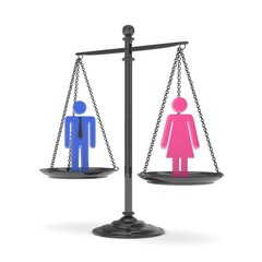 Isolated old fashioned pan scale with man and woman on white background. Gender inequality. Equality of sexes. Law issues. Colorful model. 3D rendering.