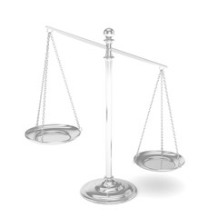 Isolated white silver scales on white background. Symbol of judgement. Law, measurement, liberty in one concept. 3D rendering.