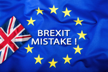 Brexit. Brexit mistake. Flags of the United Kingdom and the European Union. UK Flag and EU Flag. British Union Jack flag. Flag outside stars. England appearances in the European Union