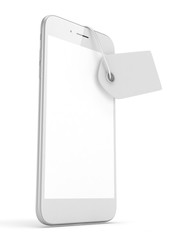 White smart phone with white price tag on white background. Identification, price, label. 3D rendering.