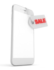 White smart phone with red sale label on white background. Best offer. Leader of sales. 3D rendering.