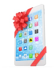 White tablet with red bow and icons. 3D rendering.