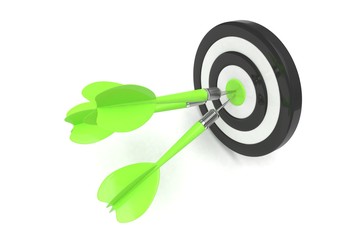 Three arrows darts in center. 3d rendering.