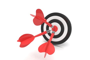 Three arrows darts in center. 3d rendering.