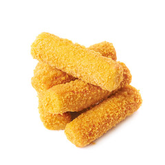 Pile of breaded crab sticks isolated