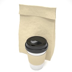 Coffee to go and lunch bag, on white. 3d rendering.