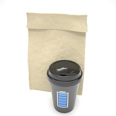 Coffee to go and lunch bag, on white. 3d rendering.