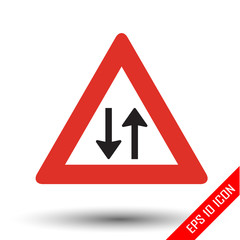 Two way traffic icon. Two way traffic road sign. Picture of triangle two-way sign with red border. Vector illustration of triangular traffic sign for two way isolated on white background.