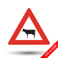 Cow icon. Cow road sign. Vector illustration of triangular sign for rural area traffic sign isolated on white background.