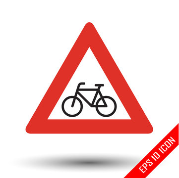 Cyclist icon. Cyclist road sign. Vector illustration of triangular sign for cyclist traffic sign isolated on white background.
