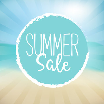 Summer Sale Vector Illustration. Text on a Blue Badge and a Beach Background.
