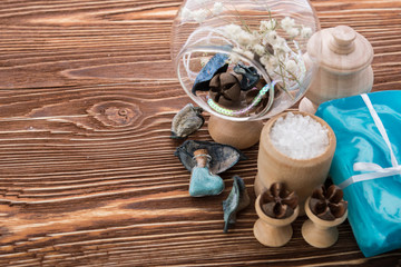 soap and spa stuff on wooden background 