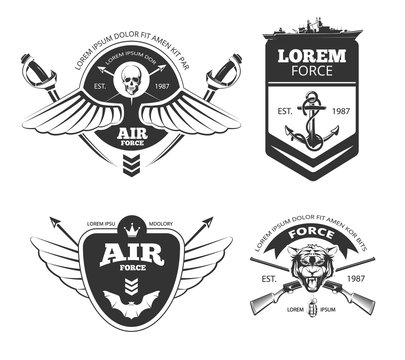 Military, armored vehicles, airforce, navy vintage vector labels, logos, emblems set