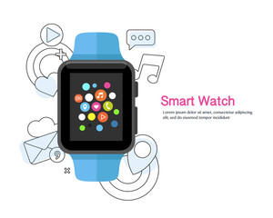 Smart watch device display with app line icons. Smart watch technology . Flat design vector illustration