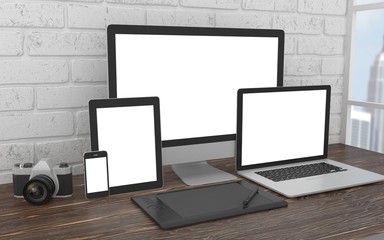 Fototapeta premium Responsive mockup screen. Monitor, laptop, tablet, phone on table in office. 3d rendering.