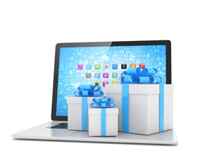 Gift box with ribbon bow on laptop keyboard. 3d rendering.