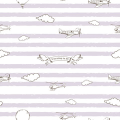 The seamless vector pattern with airplane,clouds and banner