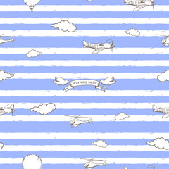 The seamless vector pattern with airplane,clouds and banner