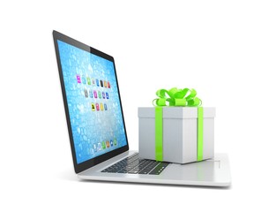 Gift box with ribbon bow on laptop keyboard. 3d rendering.