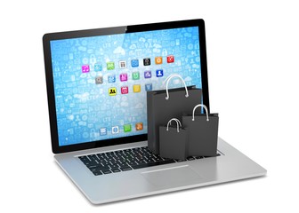 laptop and  shopping pags on white background. 3d rendering.