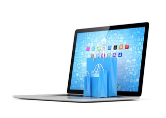 laptop and  shopping pags on white background. 3d rendering.