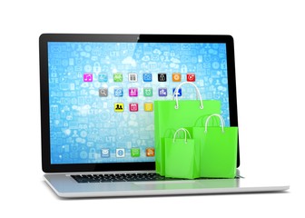 laptop and  shopping pags on white background. 3d rendering.