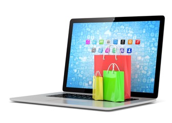 laptop and  shopping pags on white background. 3d rendering.