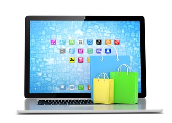 laptop and  shopping pags on white background. 3d rendering.