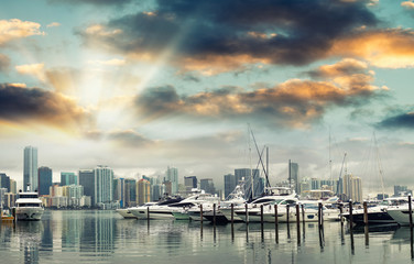Fototapeta na wymiar Miami Downtown at sunset with anchored boats