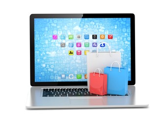 laptop and  shopping pags on white background. 3d rendering.