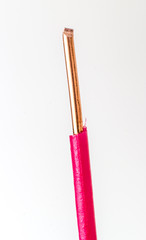 Stripped cords of wire power cord on white background