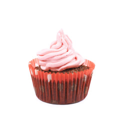 Chocolate muffin with pink cream isolated