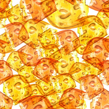 pattern, texture. Watercolor illustration - a piece of cheese. 