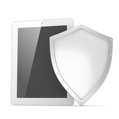 Tablet PC and shield on white device security concept. 3d rendering.