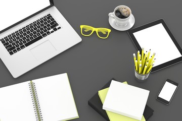 Office workplace set on black table. Pc, tablet, smartphone, notebook, yellow stationery, yellow glasses, cup of coffee. 3d rendering.