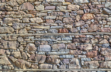 Stone wall background with wooden beams closeup