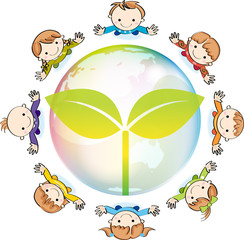 Obraz premium 手を振る子供たちと地球