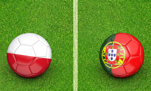 Team balls for Poland vs Portugal football tournament match, 3D rendering