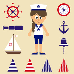 cartoon marine icons and marine girl