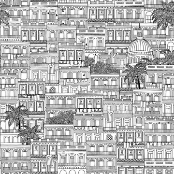 Hand drawn seamless pattern of Cuban style houses and the Capitol building in Havana