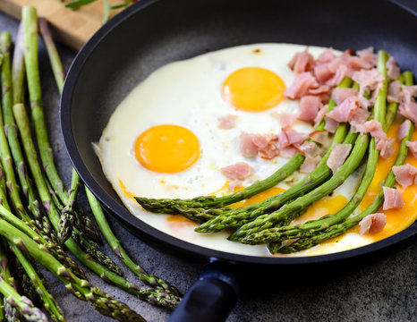 Fried eggs with asparagus and ham on a dark stone board