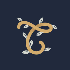 Obraz na płótnie Canvas Vintage gold letter T logo with silver leaves.