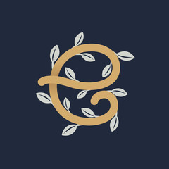 Vintage gold letter E logo with silver leaves.