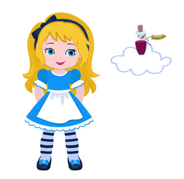 Illustration of Beautiful Alice from Wonderland and Bottle with a tag that reads "drink me". Vector.