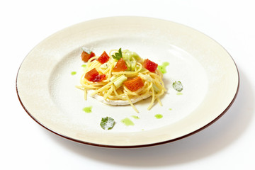 Sweat pasta nests with fruits isolated on white